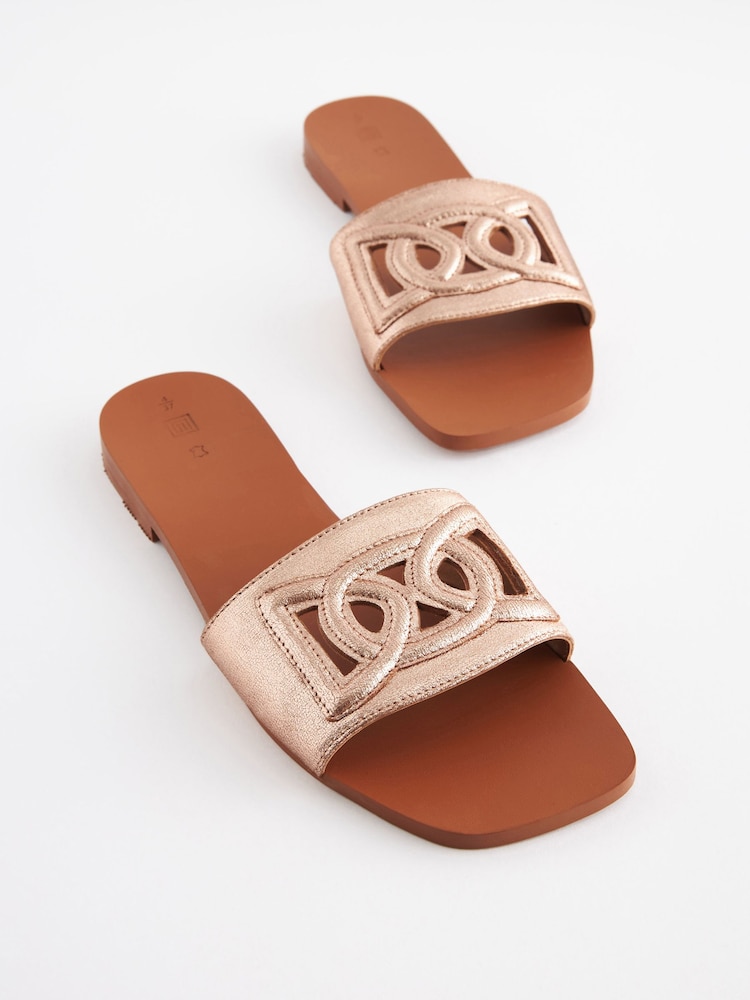 Rose Gold Premium Leather Flat Cut Out Detail Mule Sandals - Image 3 of 8