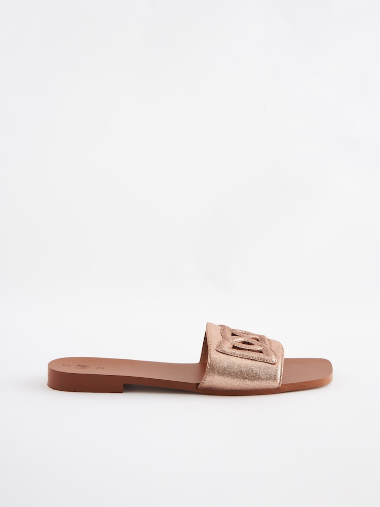 Rose Gold Premium Leather Flat Cut Out Detail Mule Sandals - Image 4 of 8