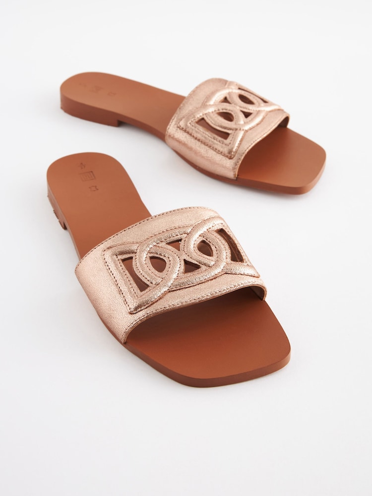 Rose Gold Premium Leather Flat Cut Out Detail Mule Sandals - Image 5 of 8