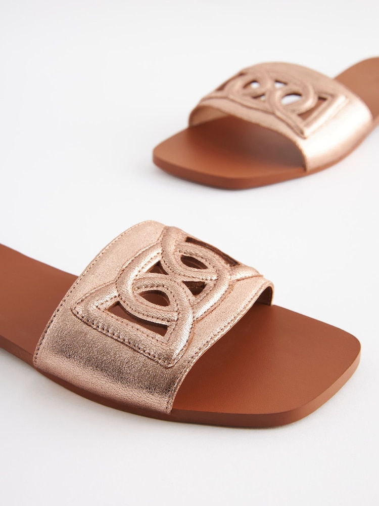 Rose Gold Premium Leather Flat Cut Out Detail Mule Sandals - Image 6 of 8