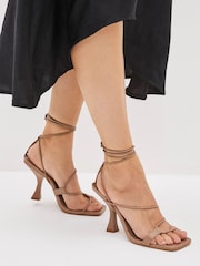 Mink Brown Signature Leather Strappy Square Toe Heels - Image 1 of 6