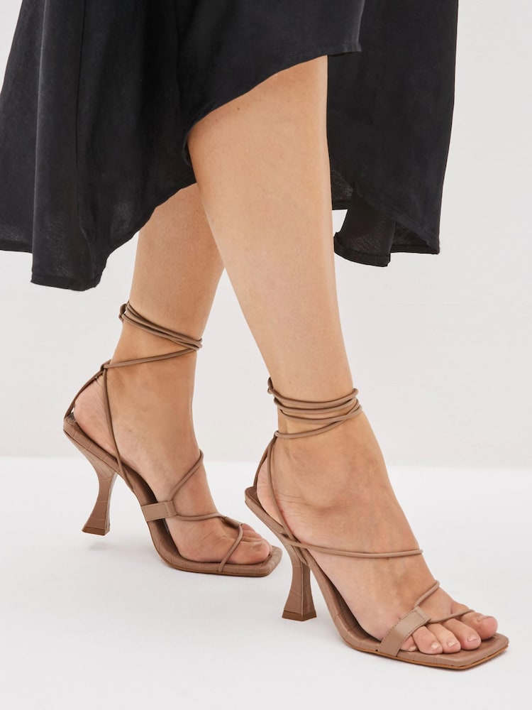 Mink Brown Signature Leather Strappy Square Toe Heels - Image 1 of 6