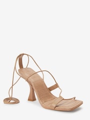 Mink Brown Signature Leather Strappy Square Toe Heels - Image 4 of 6