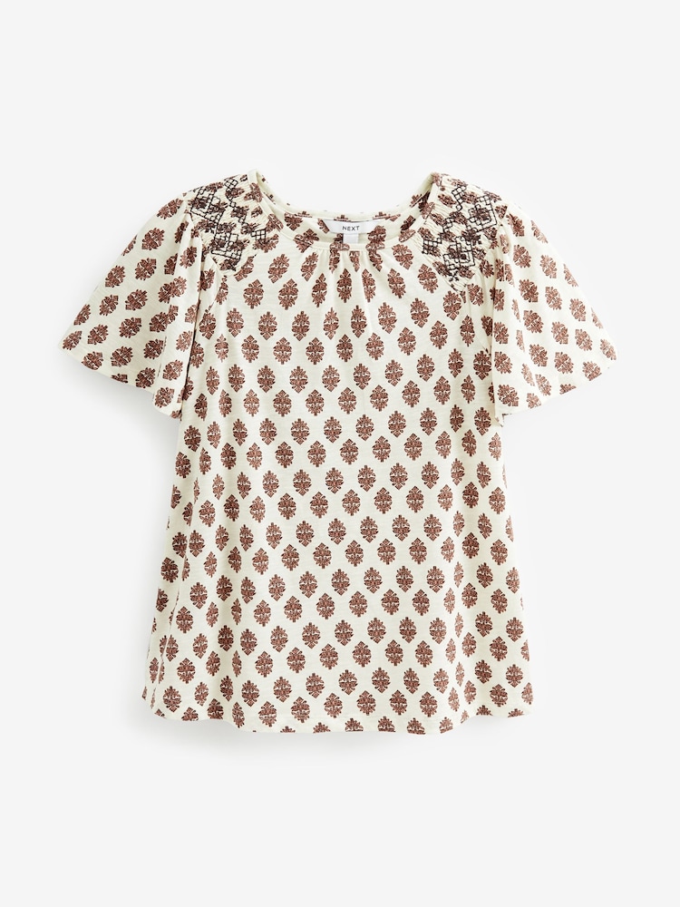 Ecru Cream Print Smocked Short Sleeves Round Neck Top - Image 1 of 4