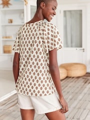 Ecru Cream Print Smocked Short Sleeves Round Neck Top - Image 2 of 4