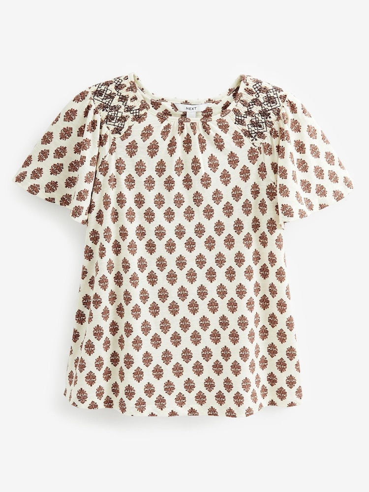 Ecru Cream Print Smocked Short Sleeves Round Neck Top - Image 4 of 4