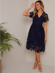 Chi Chi London Blue V-Neck Fit and Flare Lace Midi Dress - Image 1 of 4