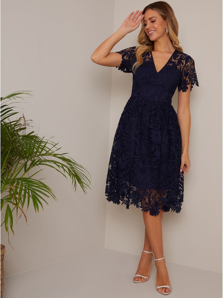Chi Chi London Blue V-Neck Fit and Flare Lace Midi Dress - Image 1 of 4