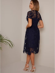 Chi Chi London Blue V-Neck Fit and Flare Lace Midi Dress - Image 2 of 4