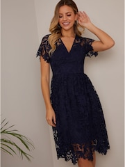 Chi Chi London Blue V-Neck Fit and Flare Lace Midi Dress - Image 3 of 4