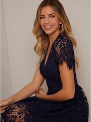 Chi Chi London Blue V-Neck Fit and Flare Lace Midi Dress - Image 4 of 4