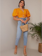 Chi Chi London Orange Ring Front Puff Sleeve Top - Image 1 of 4
