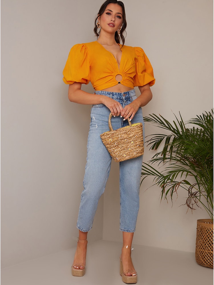Chi Chi London Orange Ring Front Puff Sleeve Top - Image 1 of 4