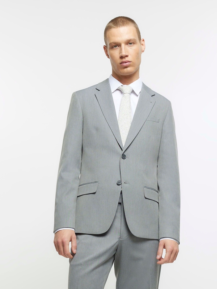 River Island Grey Skinny 100% Cotton Twill Suit Jacket - Image 1 of 5