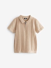 Neutral Knitted Short Sleeve Textured Zip Neck Polo Shirt (3mths-7yrs) - Image 1 of 2