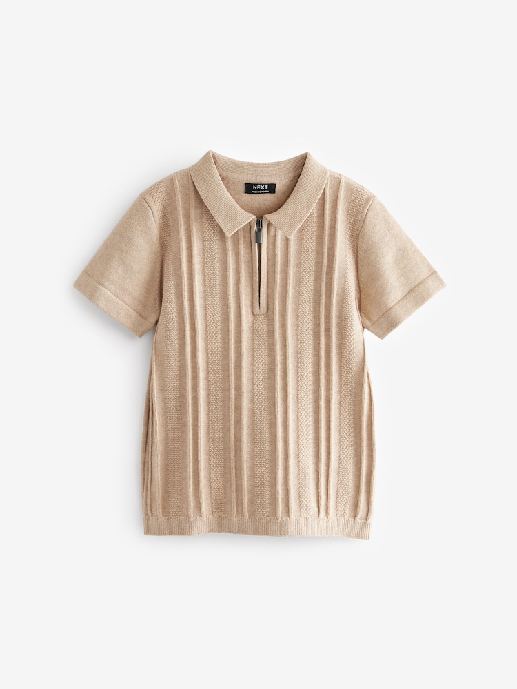 Neutral Knitted Short Sleeve Textured Zip Neck Polo Shirt (3mths-7yrs) - Image 1 of 2