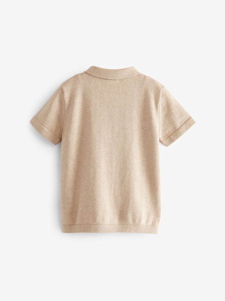Neutral Knitted Short Sleeve Textured Zip Neck Polo Shirt (3mths-7yrs) - Image 2 of 2