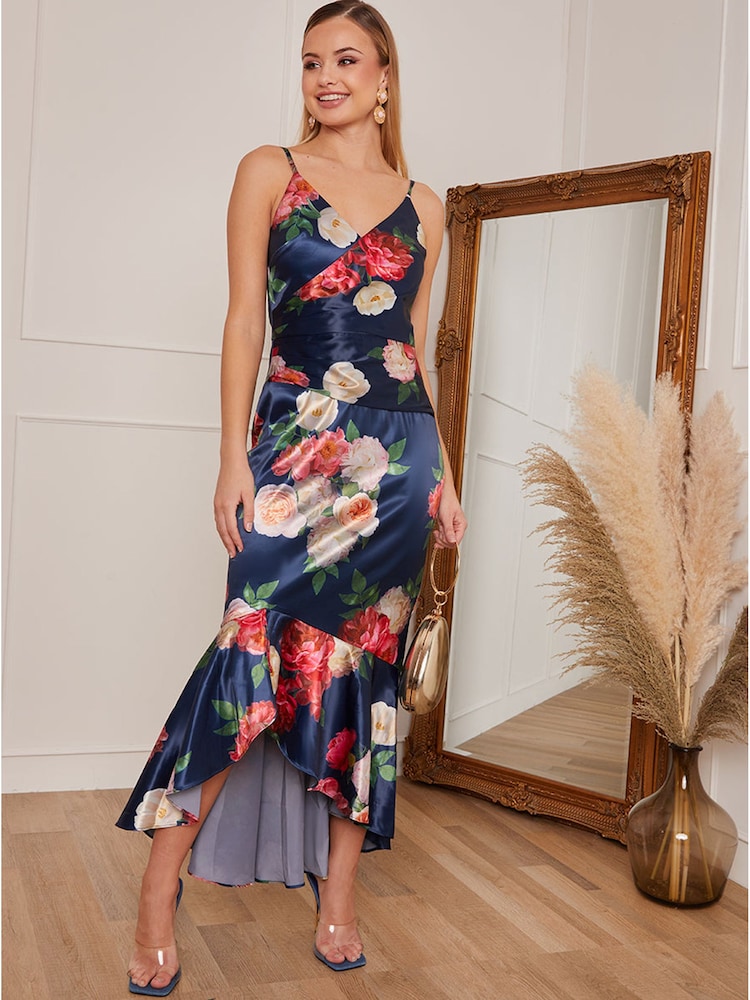 Chi Chi London Blue Petite Sleeveless Floral Print Midi Dress - Image 1 of 5
