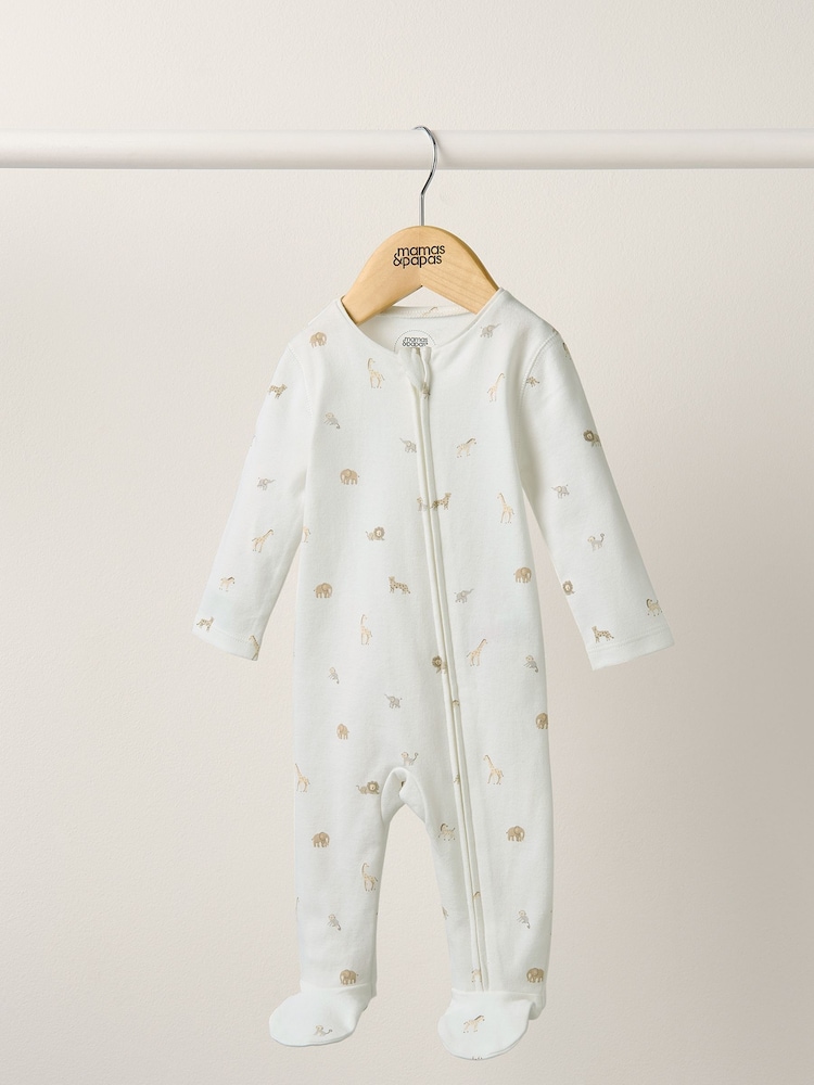 Mamas & Papas Cream 100% Cotton Safari Print Asymmetric Zip All-In-One - Image 1 of 3