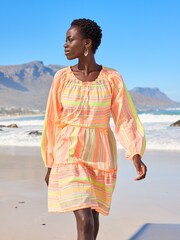 Neon Orange/Yellow Jacquard Kaftan Mini Summer Dress - Image 1 of 1