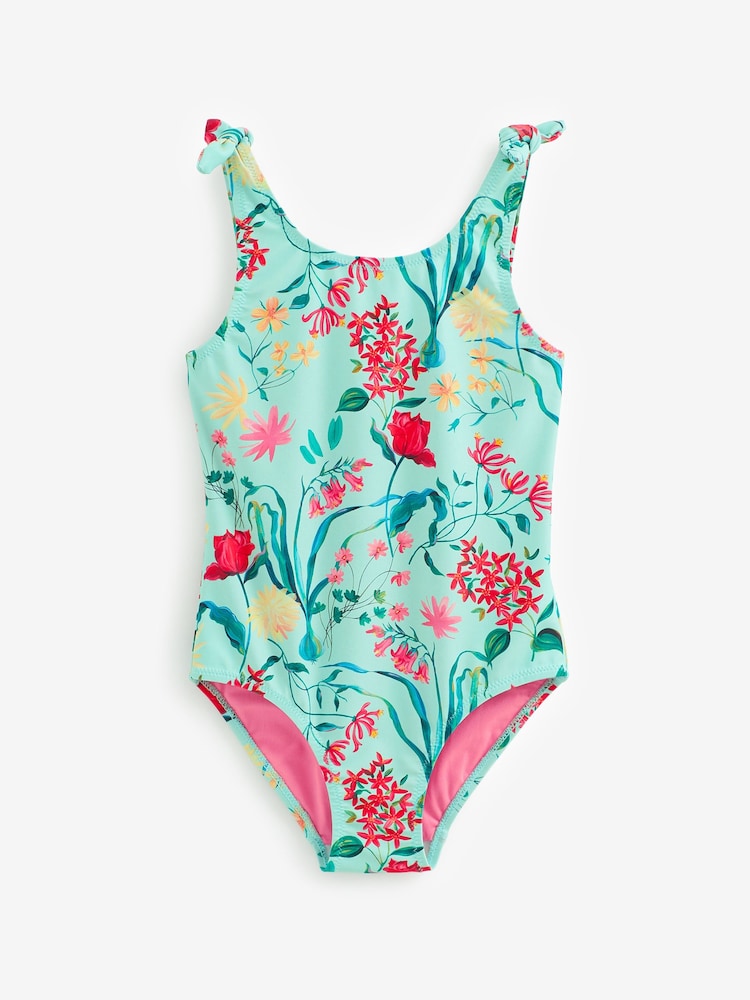 Mint Green Floral Tie Shoulder Swimsuit (3-16yrs) - Image 4 of 5