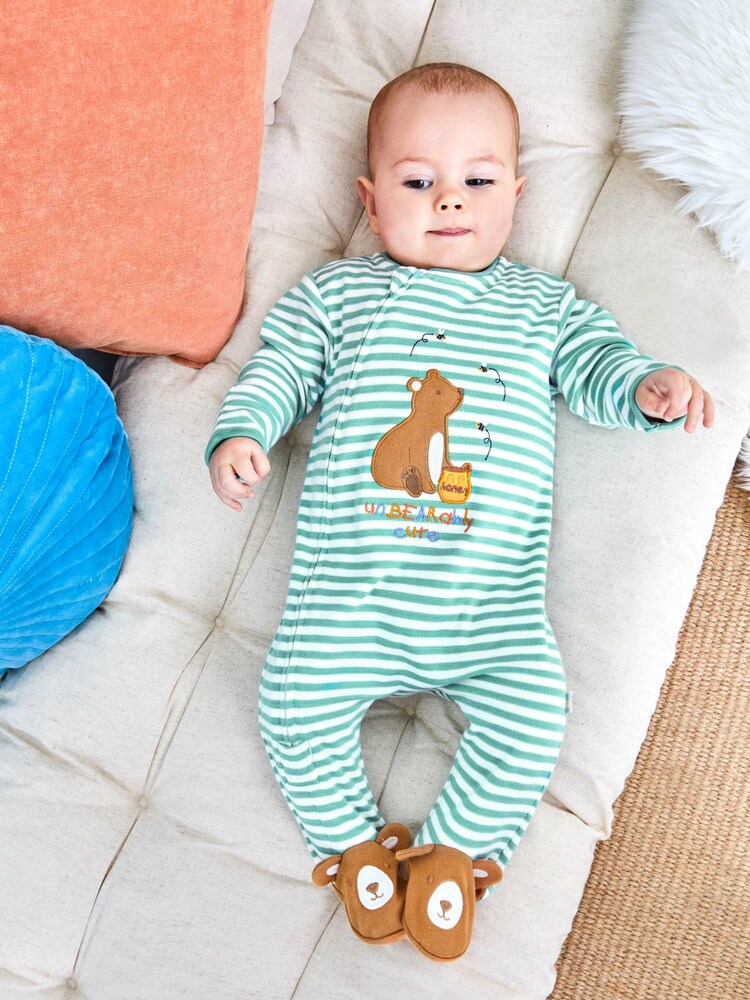 JoJo Maman Bébé Green Bear Appliqué Zip Cotton Baby Sleepsuit - Image 1 of 3
