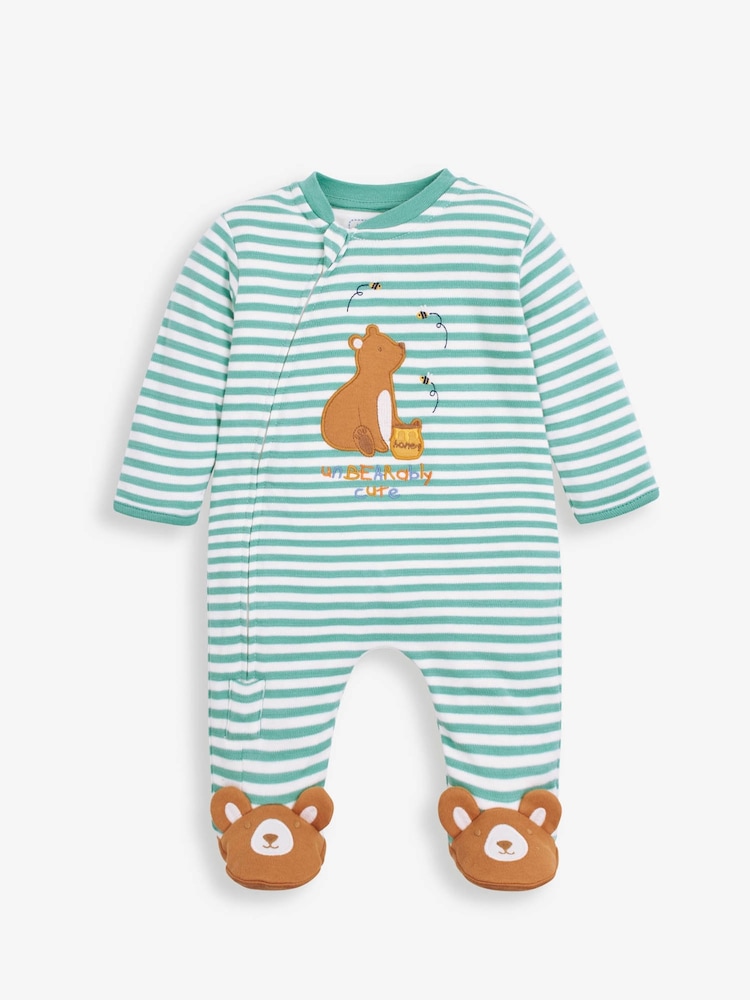 JoJo Maman Bébé Green Bear Appliqué Zip Cotton Baby Sleepsuit - Image 2 of 3