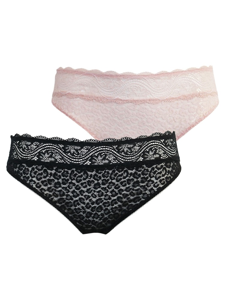 Pour Moi Black Leopard Lace Midi Knickers 2 Pack - Image 1 of 5