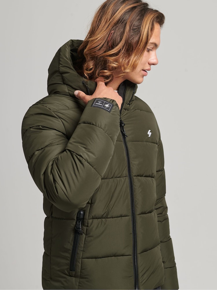 Superdry Dark Moss Hooded Mens Sports Puffer Jacket - Image 1 of 6