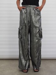 Religion Silver Foil Wide Leg Metallic Cargo Trousers With Pockets - Image 1 of 9