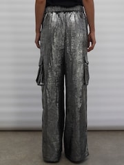 Religion Silver Foil Wide Leg Metallic Cargo Trousers With Pockets - Image 2 of 9