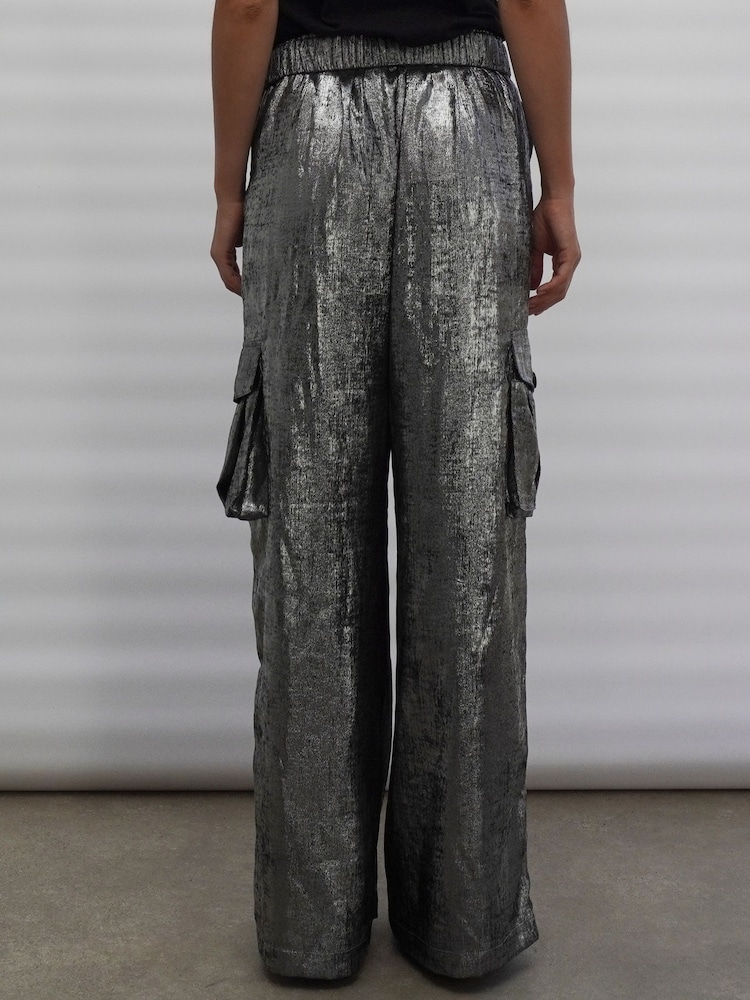 Religion Silver Foil Wide Leg Metallic Cargo Trousers With Pockets - Image 2 of 9