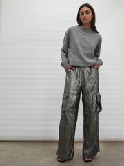 Religion Silver Foil Wide Leg Metallic Cargo Trousers With Pockets - Image 3 of 9