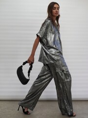 Religion Silver Foil Wide Leg Metallic Cargo Trousers With Pockets - Image 6 of 9