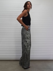 Religion Silver Foil Wide Leg Metallic Cargo Trousers With Pockets - Image 7 of 9