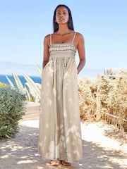 Neutral Embroidered Maxi Summer Dress With Linen - Image 1 of 5