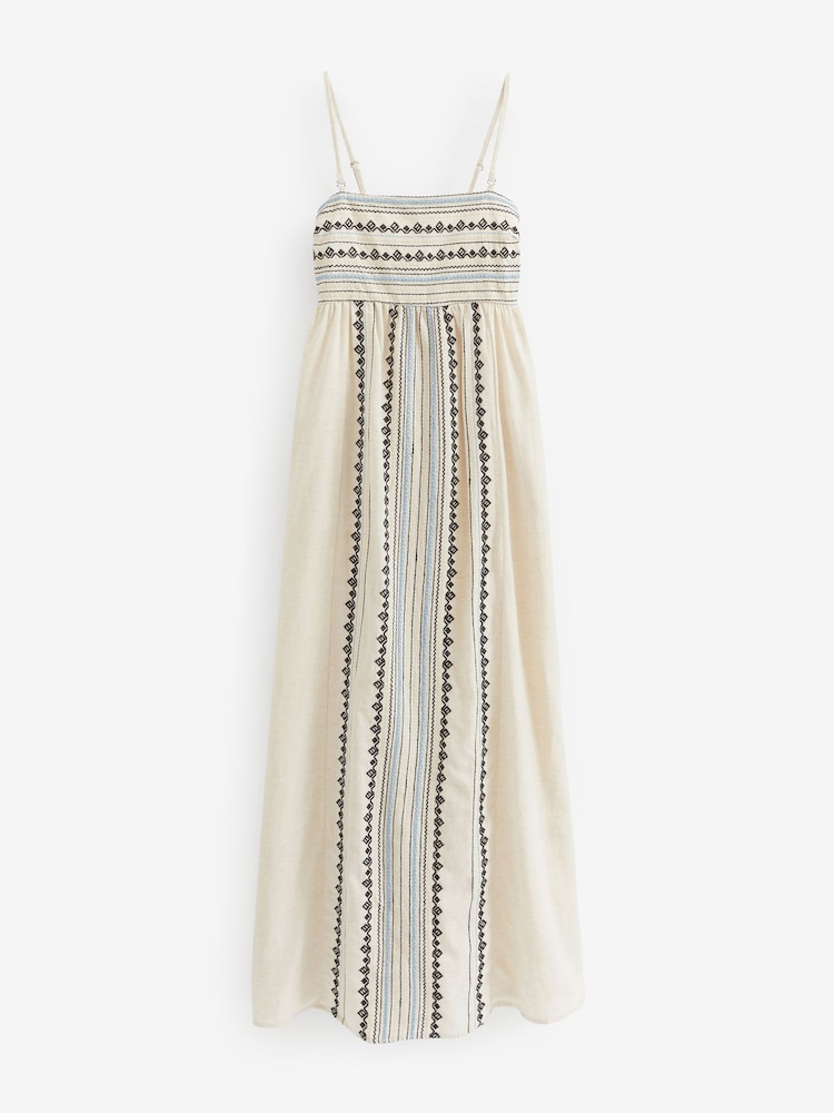 Neutral Embroidered Maxi Summer Dress With Linen - Image 5 of 5