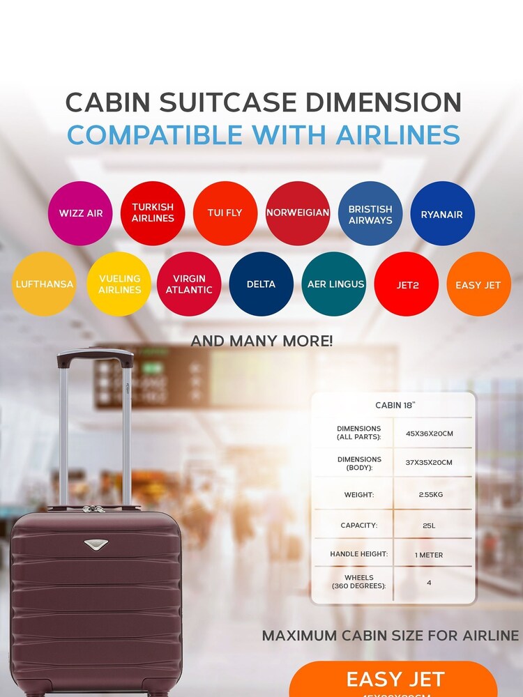 Burdeos + Burdeos - Set de 2 maletas con diseño rígido de cabina con 4 ruedas de 45x36x20 cm para colocar bajo el asiento Easyjet de Flight Knight - Imagen 6 de 6 Burdeos + Burdeos - Set de 2 maletas con diseño rígido de cabina con 4 ruedas de 45x36x20 cm para colocar bajo el asiento Easyjet de Flight Knight - Imagen 6 de 6
