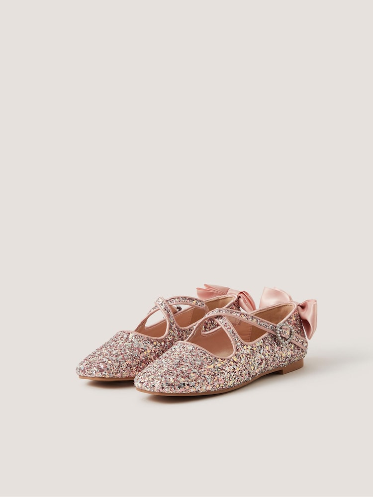 Monsoon Pink Glitter Bow Mary Jane Ballet Flats - Image 1 of 2 Monsoon Pink Glitter Bow Mary Jane Ballet Flats - Image 1 of 2
