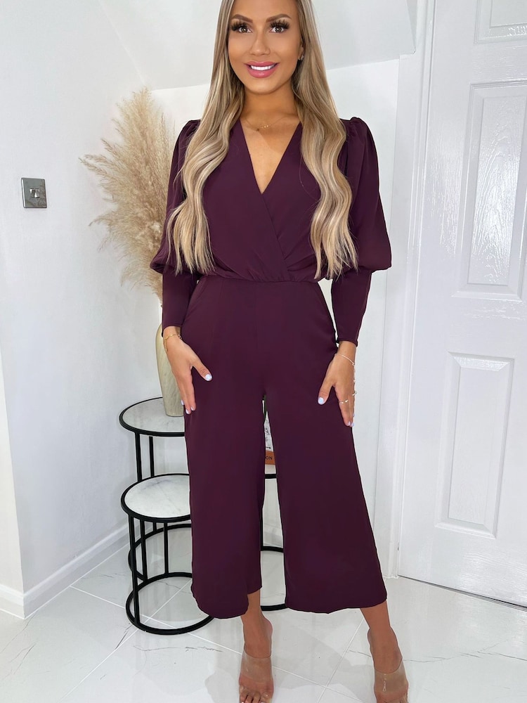 AX Paris Purple Plum Wrap Top Long Sleeve Culotte Jumpsuit - Image 1 of 4 AX Paris Purple Plum Wrap Top Long Sleeve Culotte Jumpsuit - Image 1 of 4