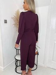 AX Paris Purple Plum Wrap Top Long Sleeve Culotte Jumpsuit - Image 2 of 4