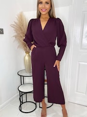 AX Paris Purple Plum Wrap Top Long Sleeve Culotte Jumpsuit - Image 3 of 4