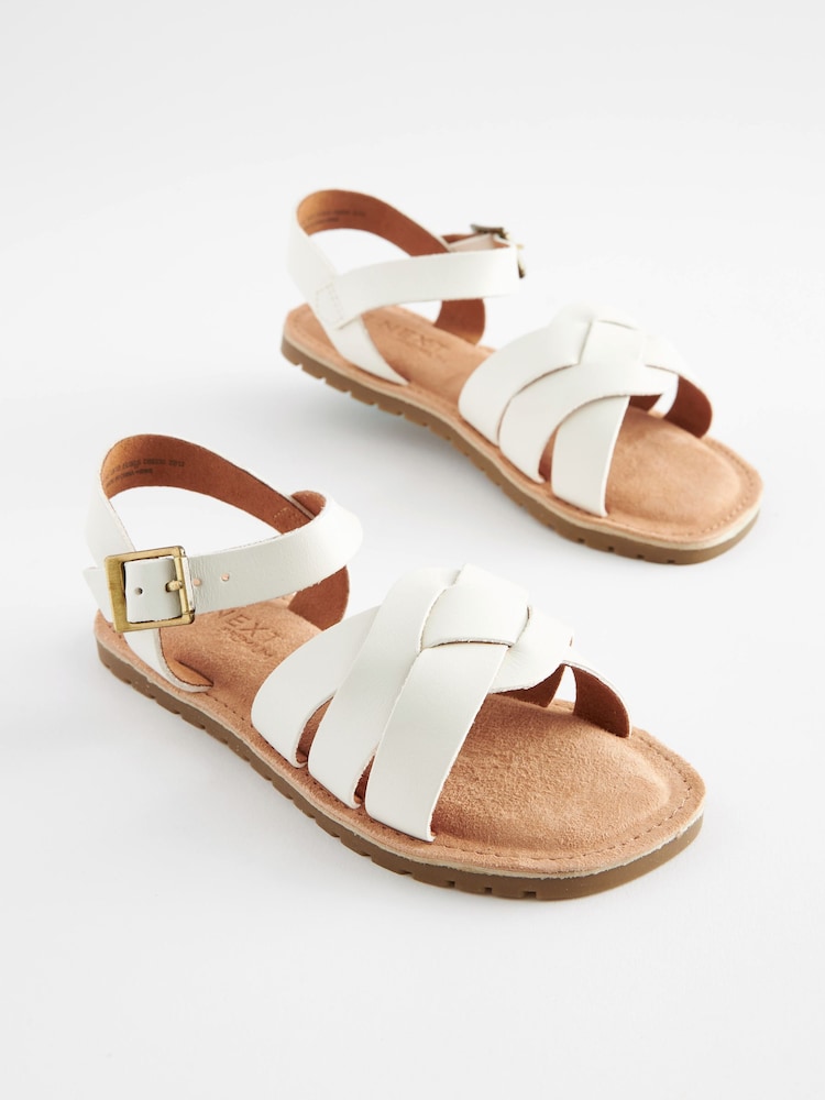 White Wide Fit (G) Woven Leather Sandals - Image 1 of 5 White Wide Fit (G) Woven Leather Sandals - Image 1 of 5