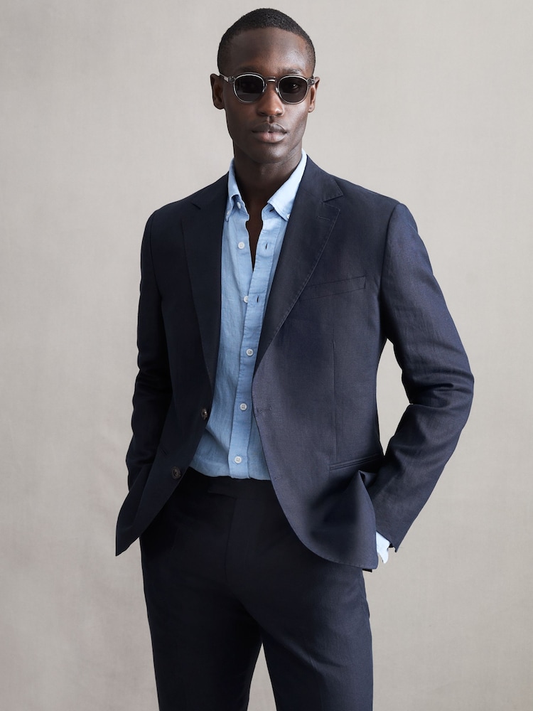 Reiss Navy Kin Slim Fit Single Breasted Linen Blazer - Image 1 of 5
