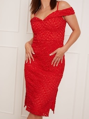 Chi Chi London Red Petite Bardot Premium Lace Midi Dress - Image 3 of 5