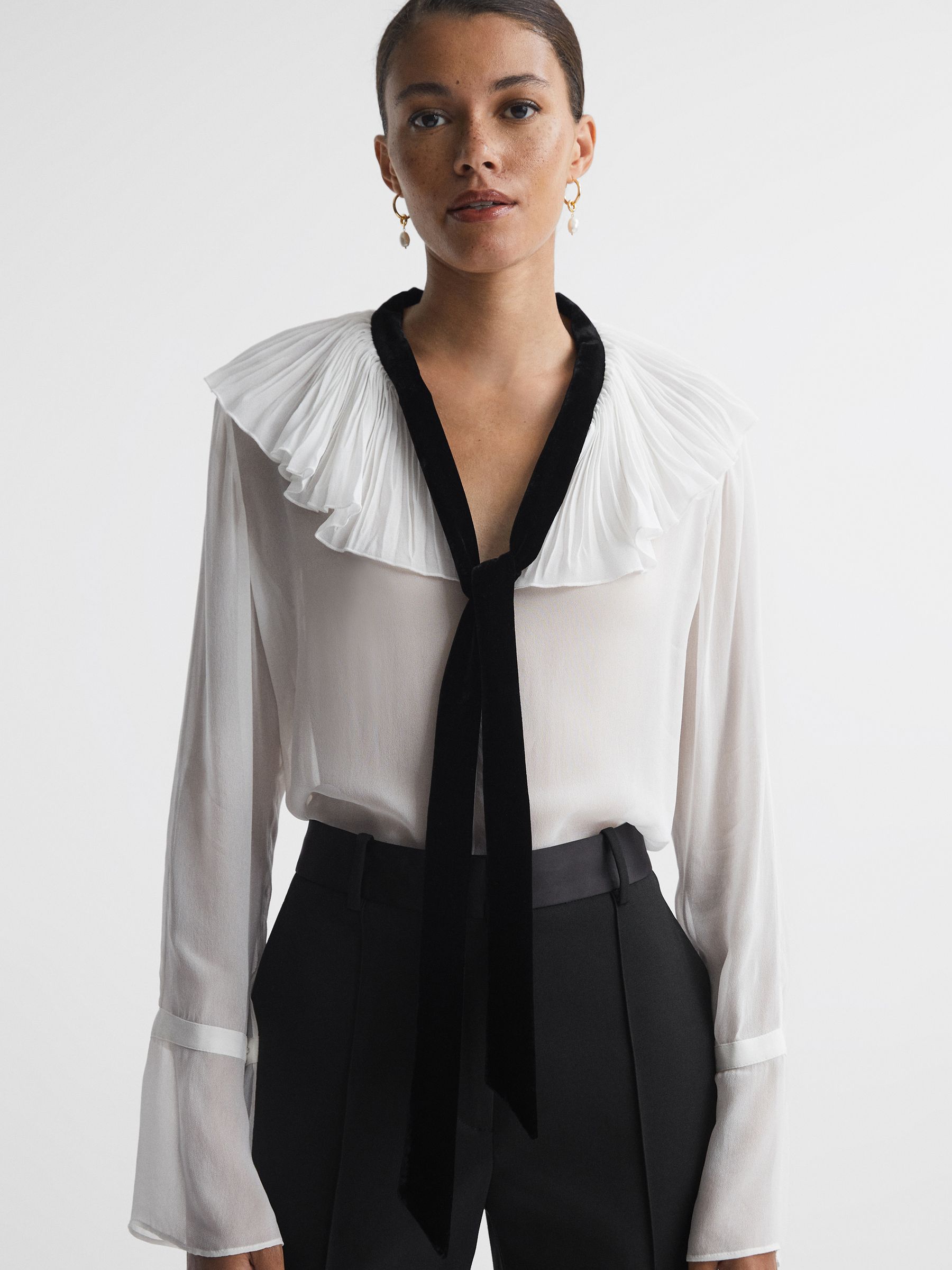 Buy Reiss Cream Black Azariah Sheer Ruffle Velvet Tie Neck Blouse from Next Germany