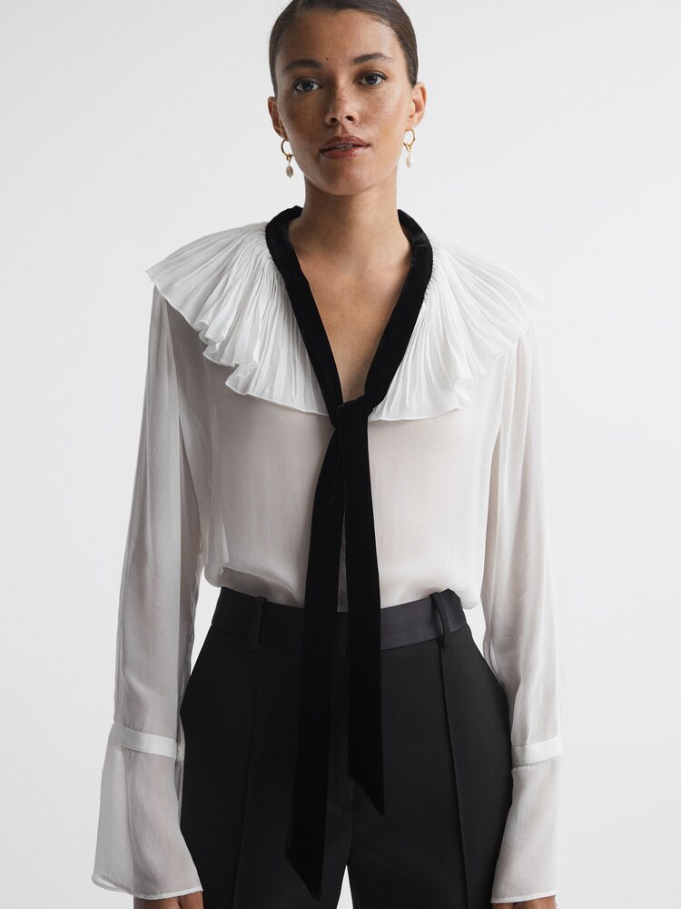 Reiss Cream/Black Azariah Sheer Ruffle Velvet Tie-Neck Blouse - Image 1 of 5