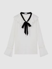 Reiss Cream/Black Azariah Sheer Ruffle Velvet Tie-Neck Blouse - Image 2 of 5