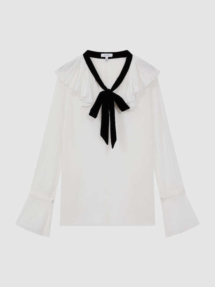 Reiss Cream/Black Azariah Sheer Ruffle Velvet Tie-Neck Blouse - Image 2 of 5