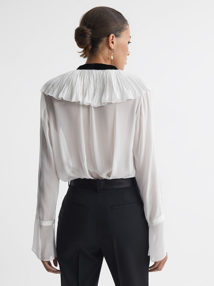 Reiss Cream/Black Azariah Sheer Ruffle Velvet Tie-Neck Blouse - Image 5 of 5
